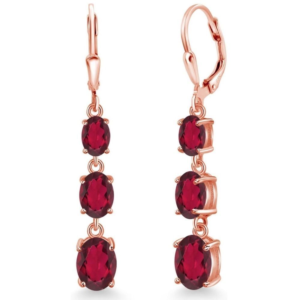 18K Rose Gold with 5.20 Cttw 3 Stone Ruby Red Mystic Topaz Leverback Earrings